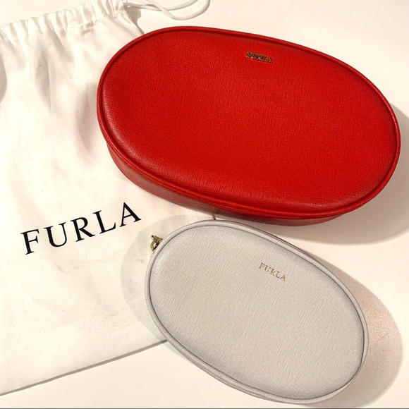 Furla Accessories - NWOT Furla Saffiano Leather Pouch Set Red Gray